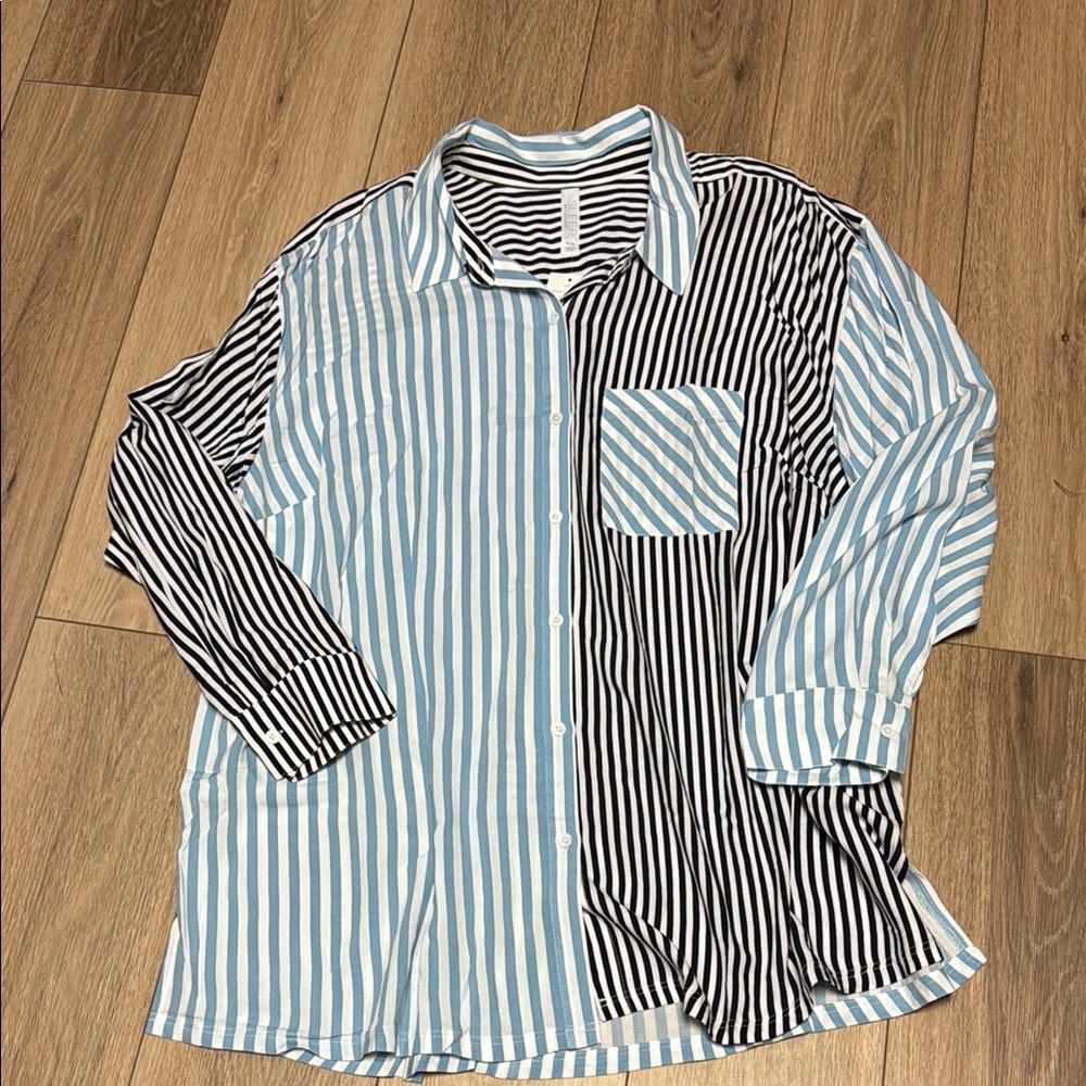 Cacique Light Blue/White/Black Striped Button-Front Swim Coverup